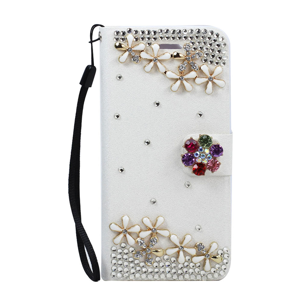 Galaxy S6 Crystal Flip Leather Wallet Case with Strap (Rainbow FLOWER White)